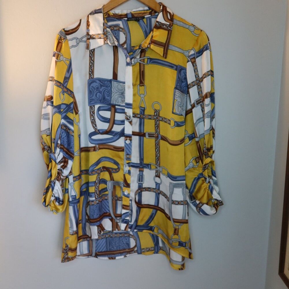 Boho Chic Equestrian Chain Print Blouse Womens L Yellow Tunic Ruched Sleeve Top